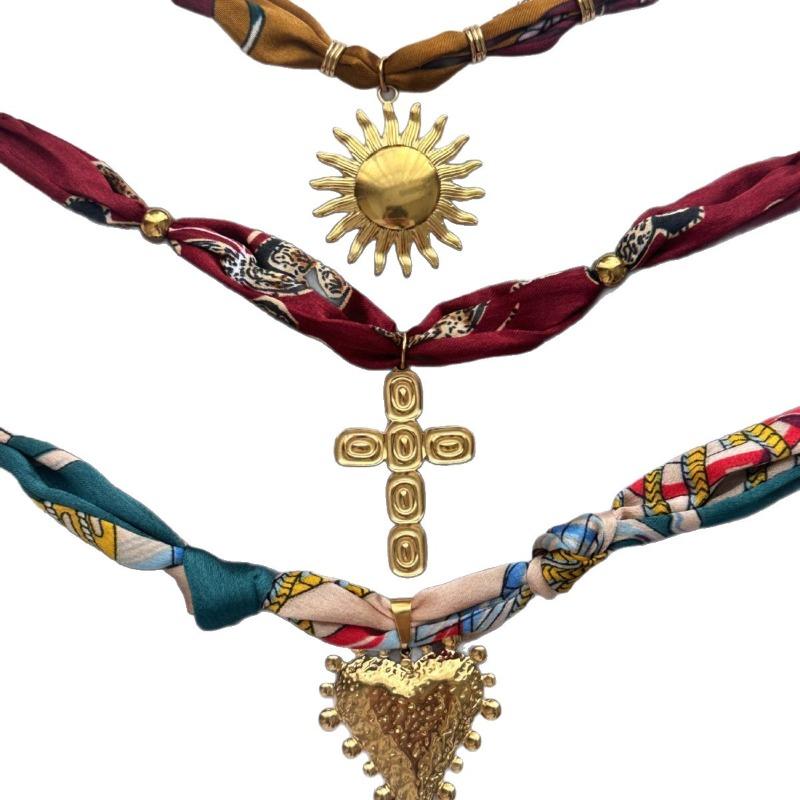 European and American Style Cross Sunflower Love Stainless Steel Pendant Women's Silk Scarf Necklace High Sense