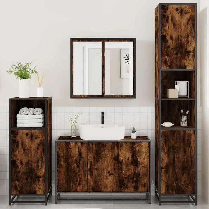 VidaXL 4-piece Bathroom Furniture Set Smoked Oak Engineered Wood, Bathroom Cabinet, Storage Cabinet of 3301192