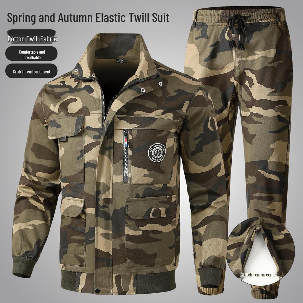 Men's Camouflage Workwear Set: Elastic, Thickened, Anti-Scald, Wear-Resistant Suit for Soldiers, Auto Repair, Electric Welders, and Labor Protection.