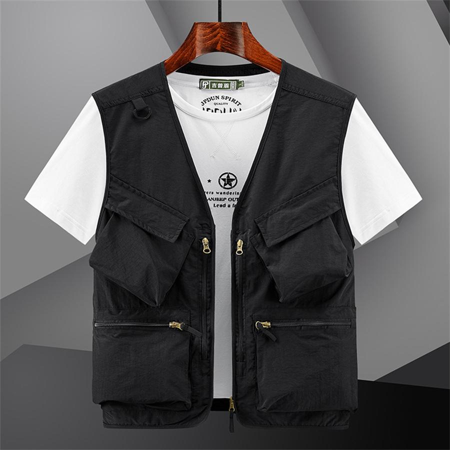 

2025 Новый мужской жилет с несколькими карманами, повседневная рабочая одежда, куртка без рукавов с V-образным вырезом, мужской жилет для фотосъемки, походов, рыбалки, грузовых инструментов M (50-60kg) чёрный
