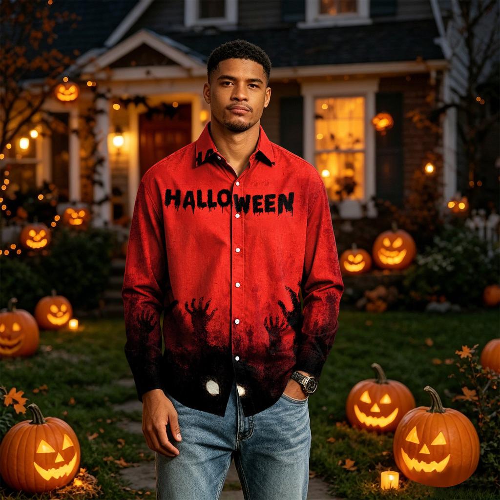 Men's Long Sleeve Halloween Printed Button Down Shirt