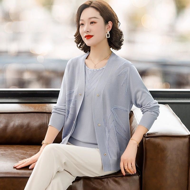 

2 шт. Тонкие вязаные топы Весна Осень Женский кардиган Стразы Короткий рукав Вязаная футболка Костюмы из двух частей: вязаный кардиган и футболка S синий