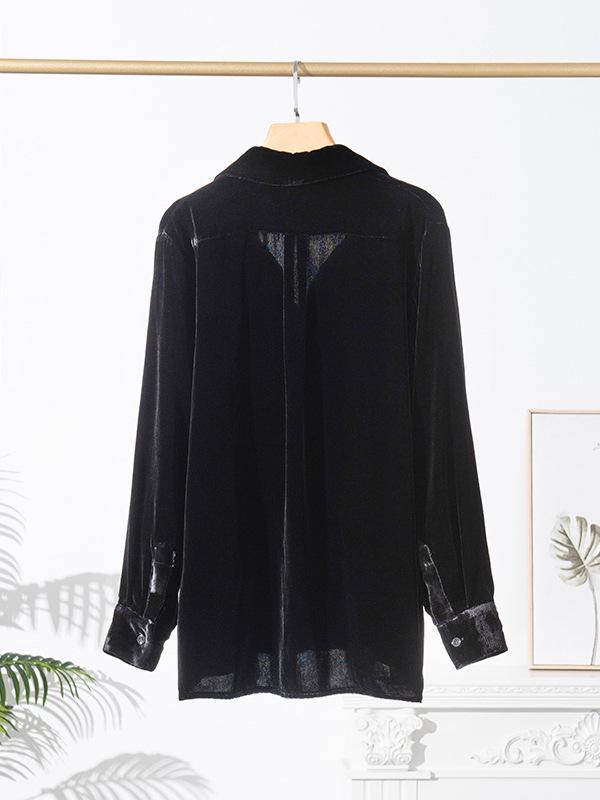 Women's Retro Black Silk Velvet Shirt - Mid-length, Loose-Fit, Perfect for Spring Commutes.