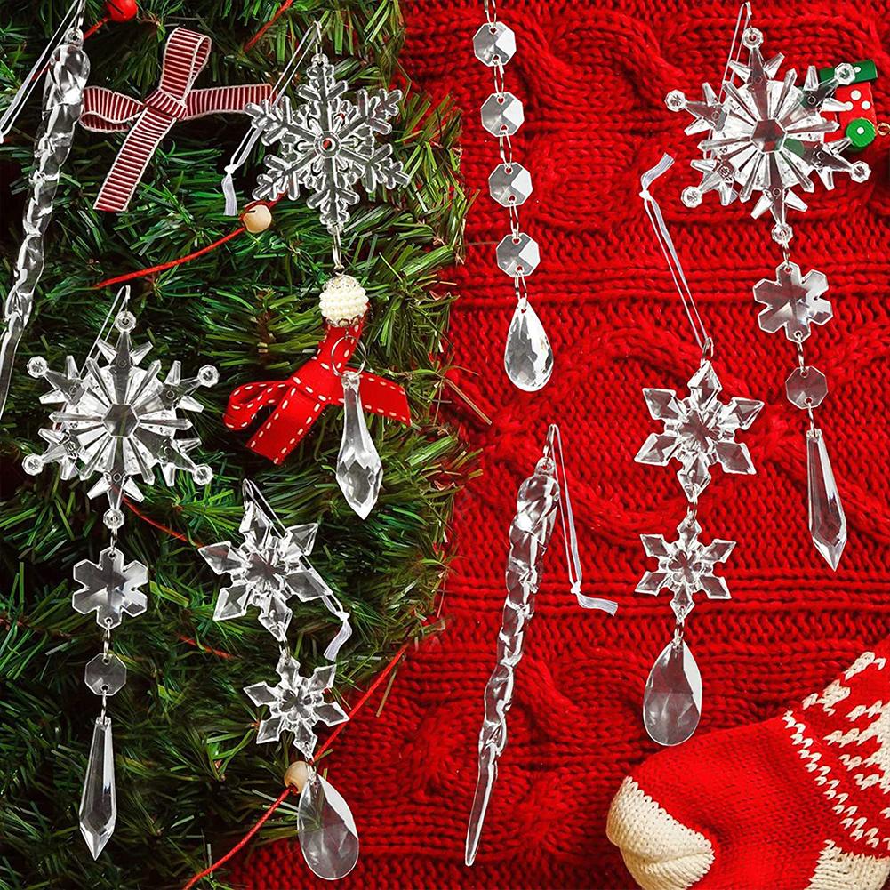 10 PCs Christmas Tree Decoration Crystal Ornaments Hanging Acrylic Snowflake Icicle Ornaments For Christmas Tree Winter New Year Party