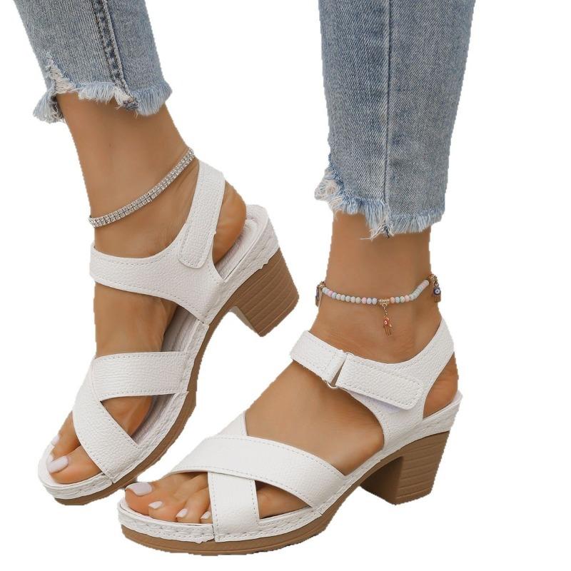 Crossstrap Chubby Sandals Summer Flowers Large Size Velcro Open-toed Midheel Sandals