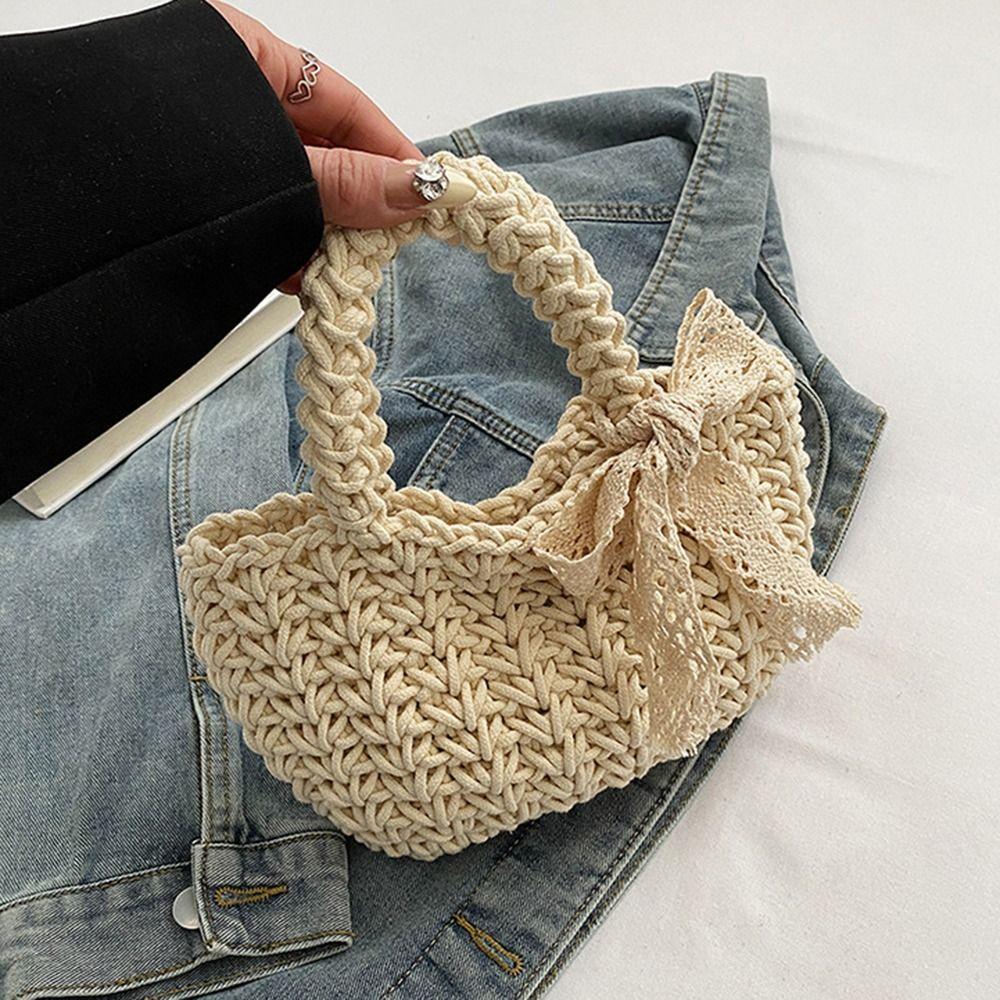 Lace Bowknot Beach Straw Bag Large Capacity Bucket Bag Trendy Braided Underarm Bag  Travel