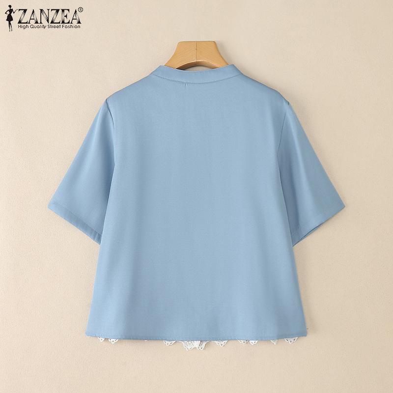 ZANZEA Women Casual Round Neck Summer Short Sleeve Lace Patchwork Blouse