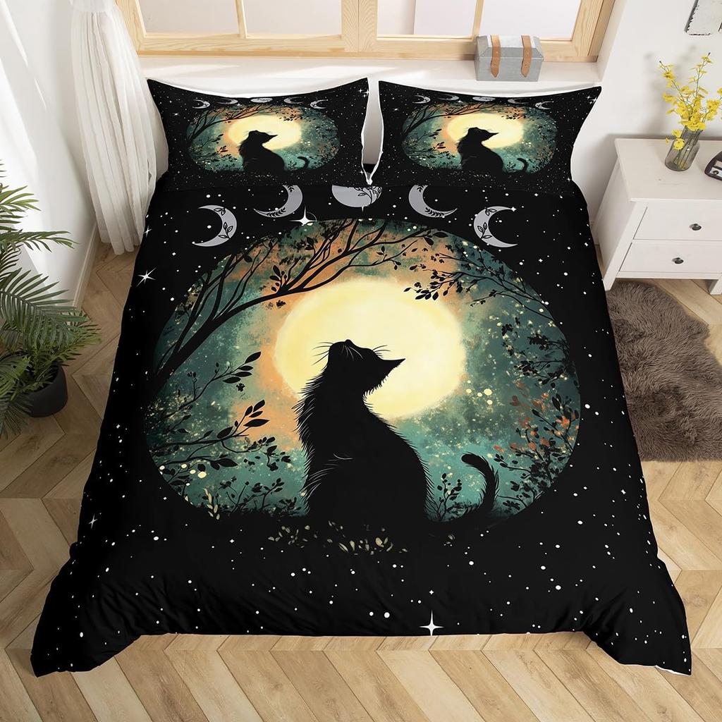 Cartoon Black Cat Duvet Cover Set Queen Size Cute Kawaii Kids Girls Comforter Cover Set Animals Quilt Covers With 2 Pillowcases