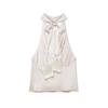 2025 Silk Satin Halter Neck Sleeveless Top with Draped Collar