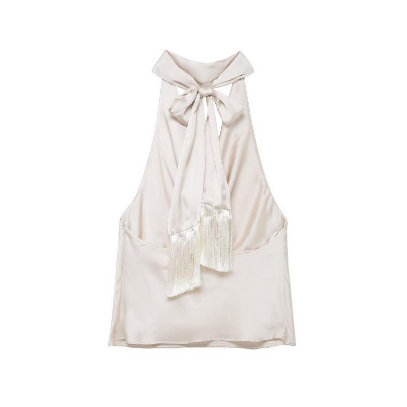 2025 Silk Satin Halter Neck Sleeveless Top with Draped Collar
