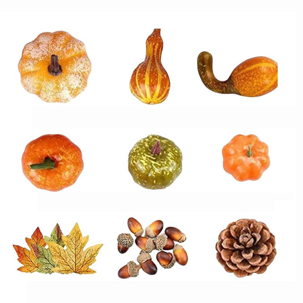 Autumn Pumpkin Decor Set: Realistic Mini Pumpkins, Pinecone & Maple Leaves