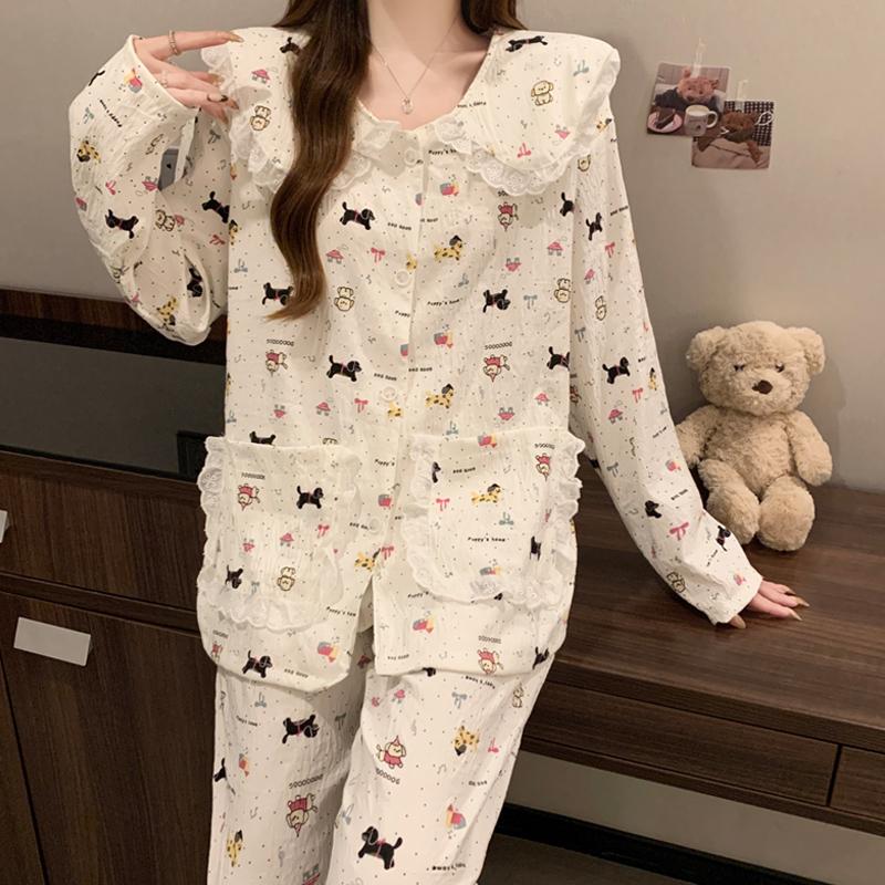 

Пижама с отворотом и принтом в горошек для женщин, корейская ночная рубашка на осень-зиму, повседневная, милая, женская пижамная одежда XXL