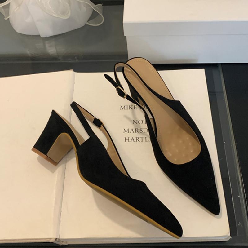 

Мода SUOJIALUN 2025 Весна Новые Женские Сандалии Модные Остроносые Мелкие Слипоны Слингбэки Квадратный Высокий Каблук Туфли-Лодочки для Платья 35 чёрный