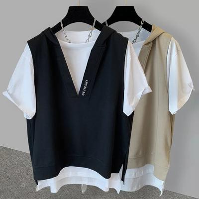 Fake Two-piece Embroidered Hooded Short-sleeved T-shirt Women's Summer Loose Half-sleeved T-shirt