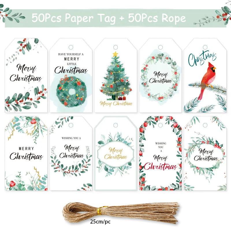 50pcs Merry Christmas Kraft Paper Tags Gift Packaging Decoration Xmas Tree Hanging Label 2024 Navidad New Year Kids Gift Card