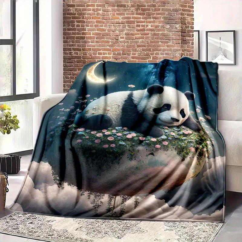 Contemporary Knitted Polyester Flannel Panda Blanket - Digital Print All-Season Bedding, Tear Resistant, Hand Wash - Versatile