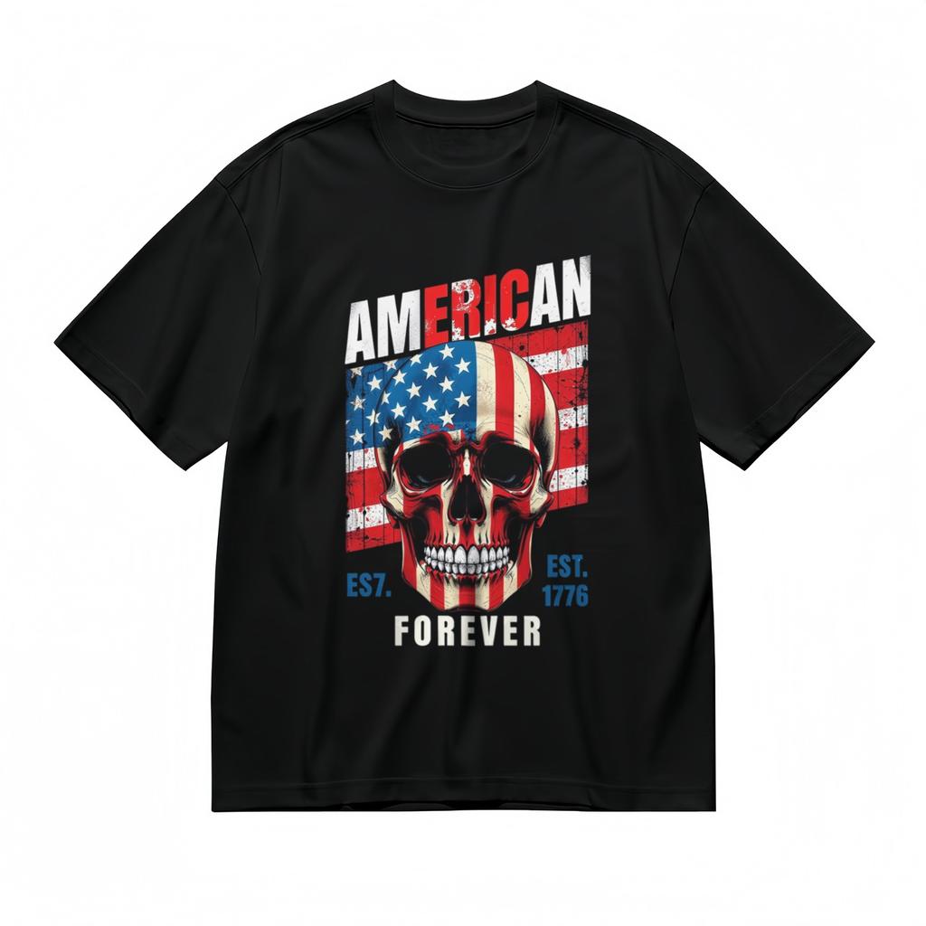 Men's Trend Comfortable Fashion Classic T-Shirt Mens Womens Tees Top Skull and Flag Printed Tee USA