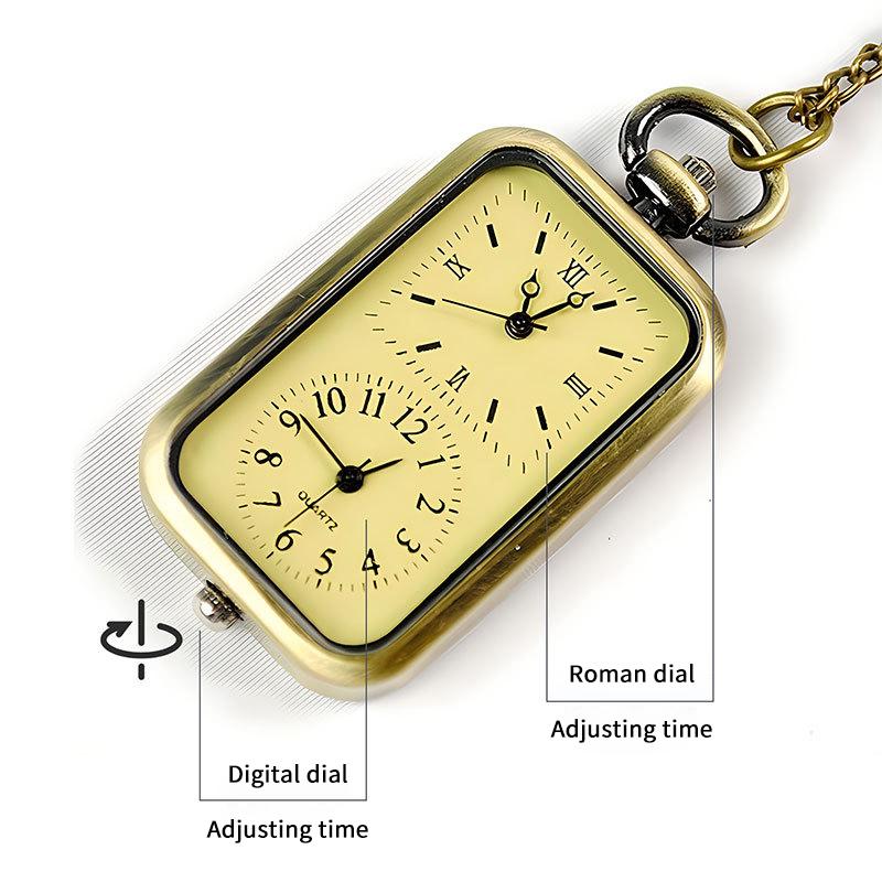 Exquisite Watch Bronze Keychain Pocket Watch Square Retro Double Time Movement Quartz Watch Without Cover Antique Style Pendant