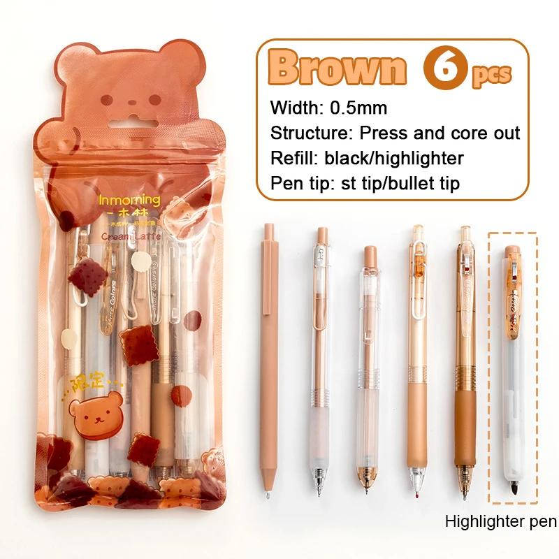 6pcs Gel Pen and Marker Pen Set Retractable Black Ink 0.5mm Ballpoint Pen School Student Office Stationery Supplies