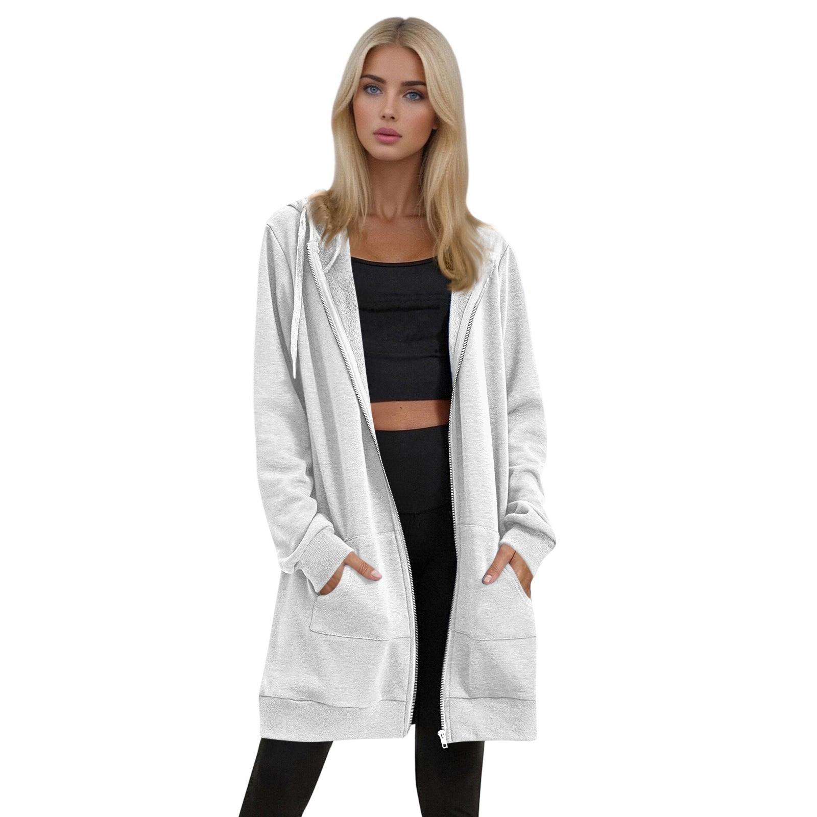 

Женский однотонный свитшот на молнии, повседневный реглан, длинная куртка (Без капюшона на шнурке) XL белый