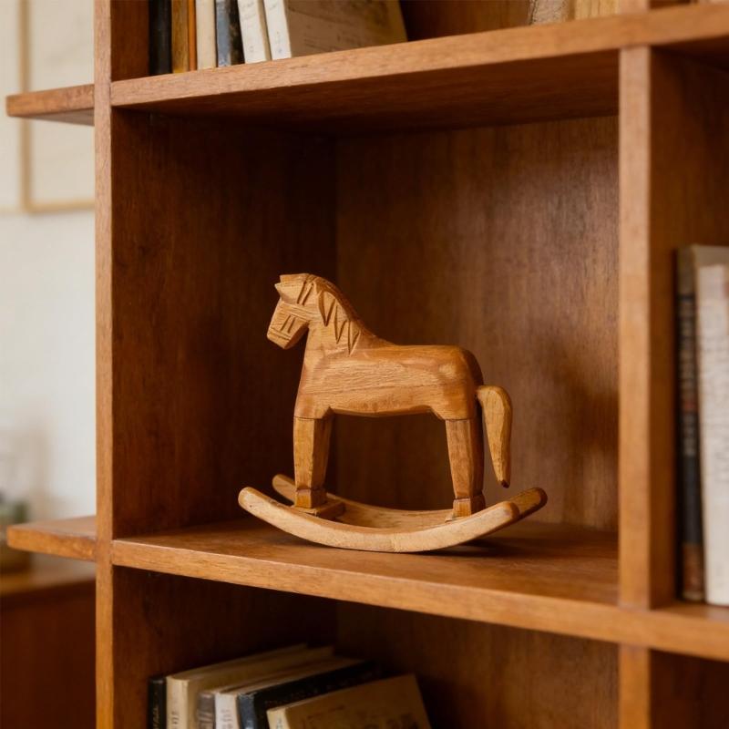 Shelf Horse Figurine in Natural Wood Finish, Small Rocking Horse Piece for Entryway Display, Cabinet Placement, Desk Styling, or Photo Scenes