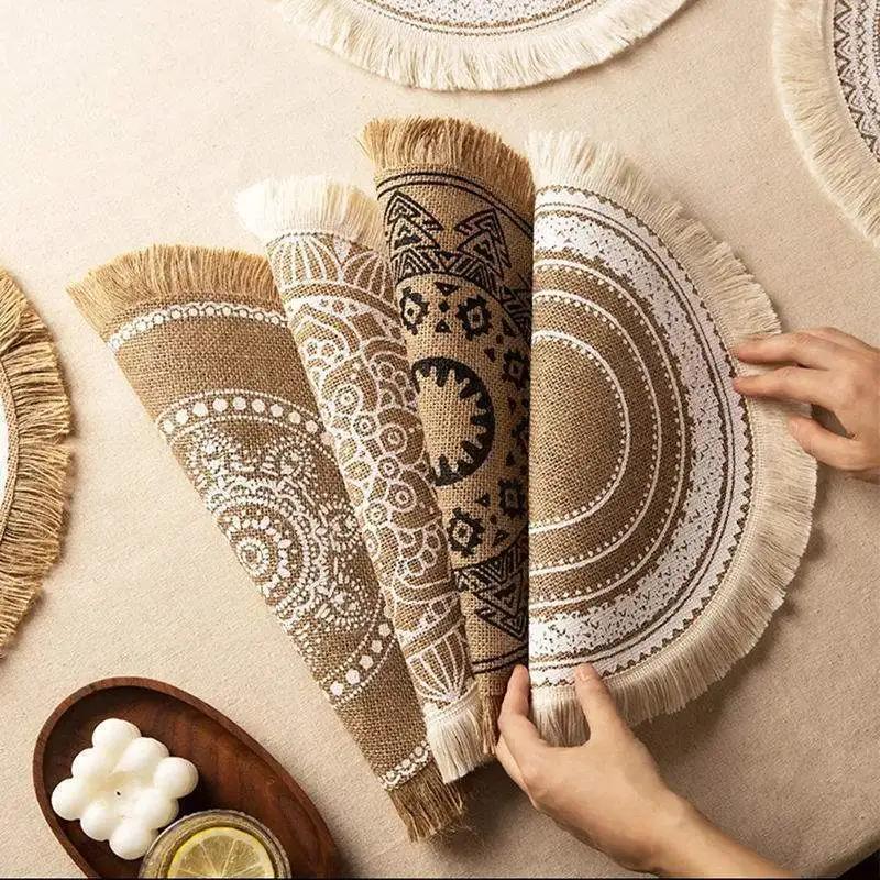 Boho Round Placemat 15 Inch,Farmhouse Woven Jute Fringe TableMats with Pompom Tassel Place Mat for Dining Room INS Table Decors