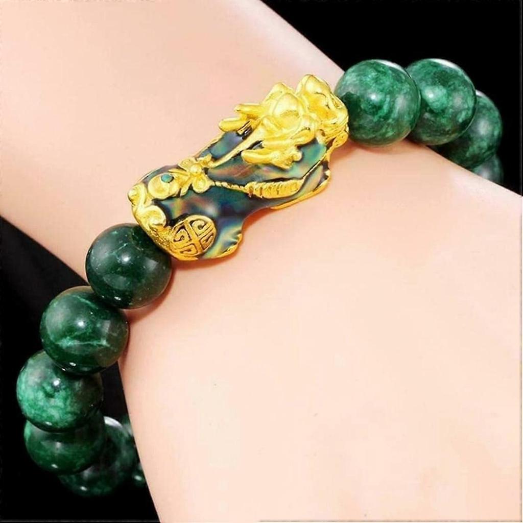 Feng Shui Bracelet, Green Jade Stone Beads Bracelet Unisex Feng Shui Pi Xiu Wristband Gold Wealth Pixiu Women Men Bracelets-Black Green