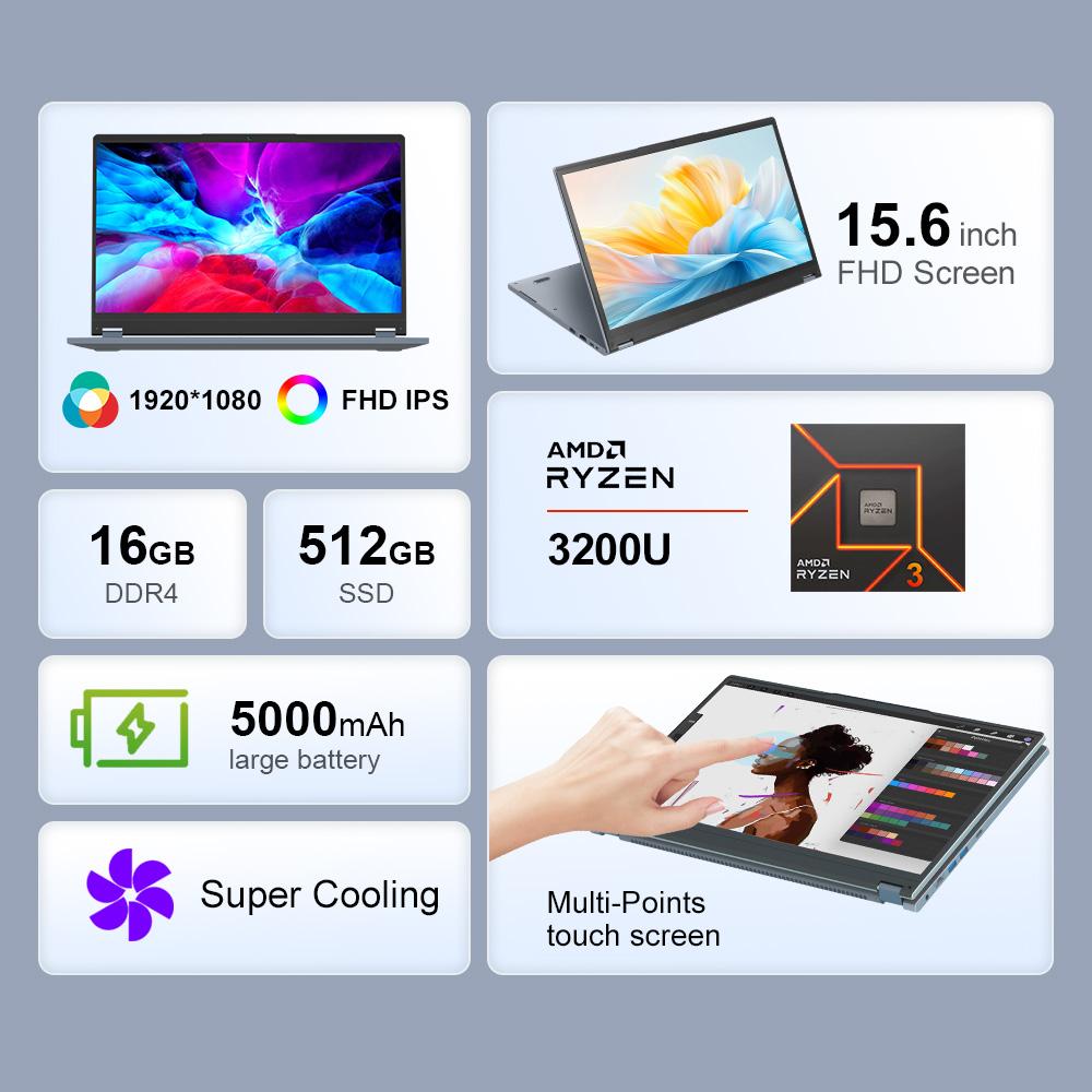 Ninkear YBOOK15 2-in-1 Laptop, 15.6-inch 1920*1080 Touchscreen, AMD Ryzen 3 3200U 2 Cores Max 3.5GHz