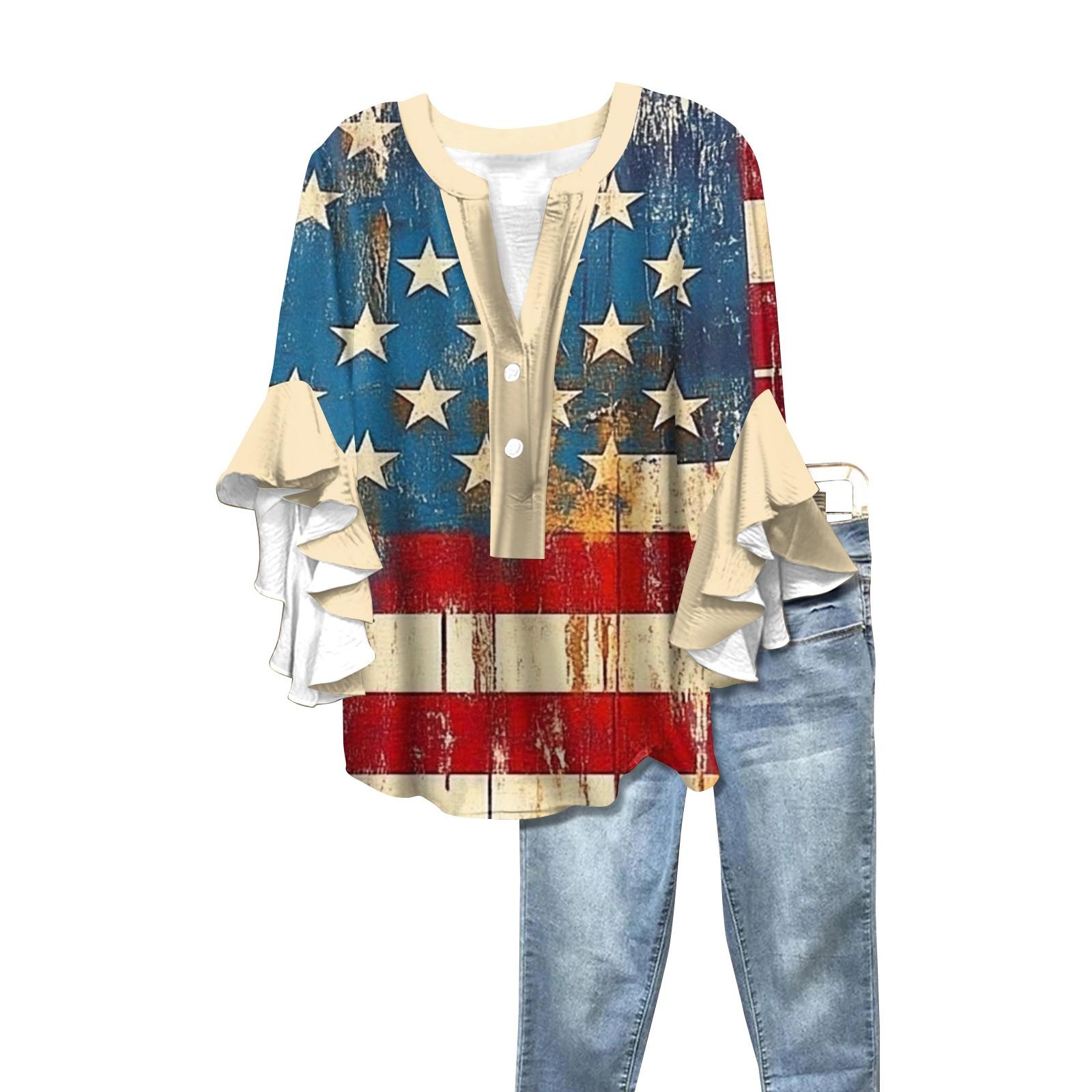 

Summer Women s Tops V Neck Seven Sleeve Shirt Independence Day Printed Tops Casual Shirt S