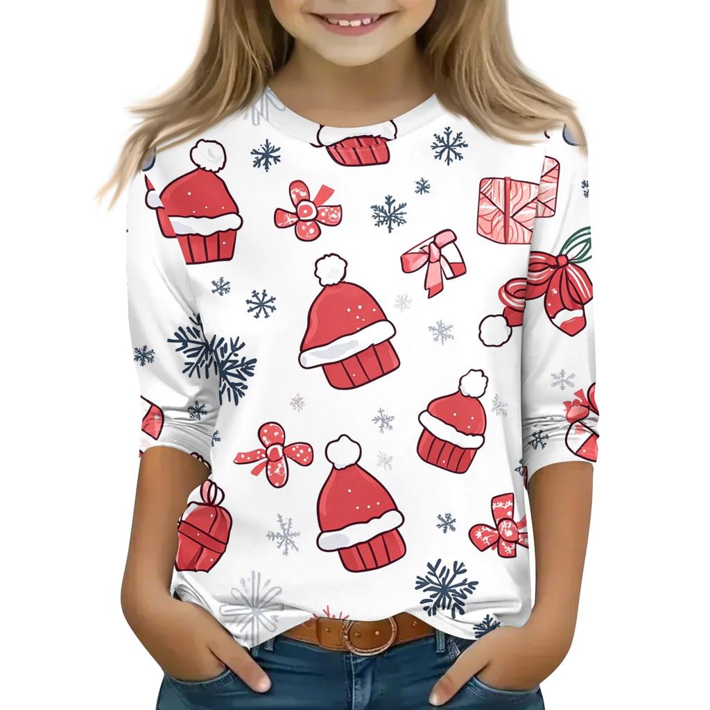 Christmas Day Print Tops For Youth Girls 5-16 Years Round Neck 3/4 Sleeves T-Shirts Trendy Tops Outfit Tees