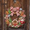 Retro Holiday Porch Decoration Gingerbread Man Wreath Wooden Sign for Front Door, Christmas Hanging Plaque with Seasonal Festive Entryway Candy