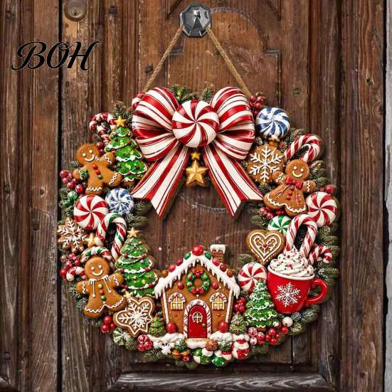 Retro Holiday Porch Decoration Gingerbread Man Wreath Wooden Sign for Front Door, Christmas Hanging Plaque with Seasonal Festive Entryway Candy