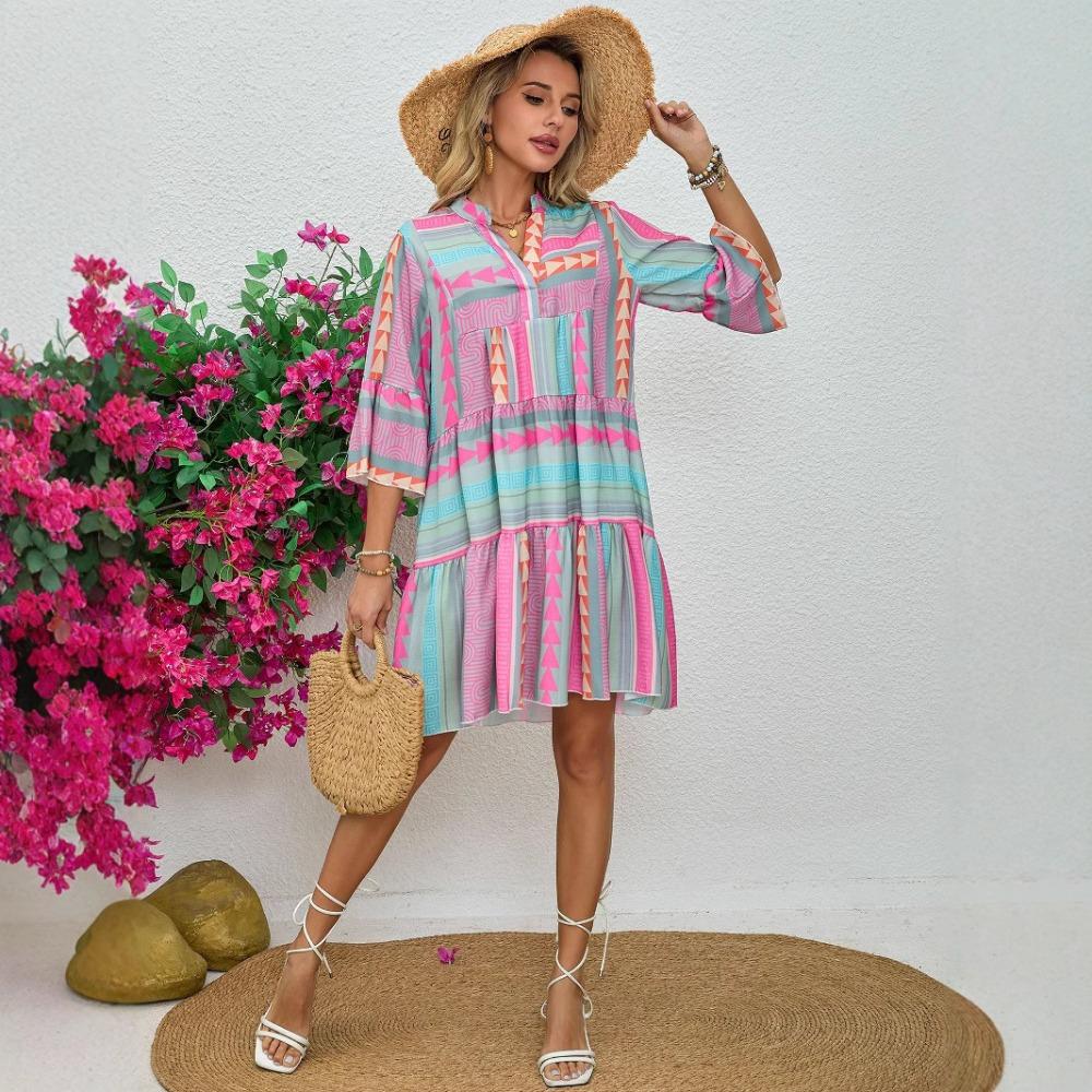 Women's V Neck Three Quarter Sleeve Printed A-Line Casual Tunic Midi Dress