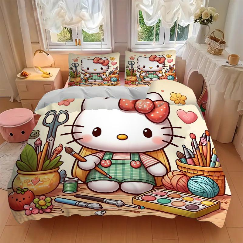 3pcs Hello Kitty's Artistic Haven Quilt Set - Soft and Comfortable Bedroom, Guest Room and Dorm Decor Bedding Set 1 Quilt Cover + 2 Pillowca