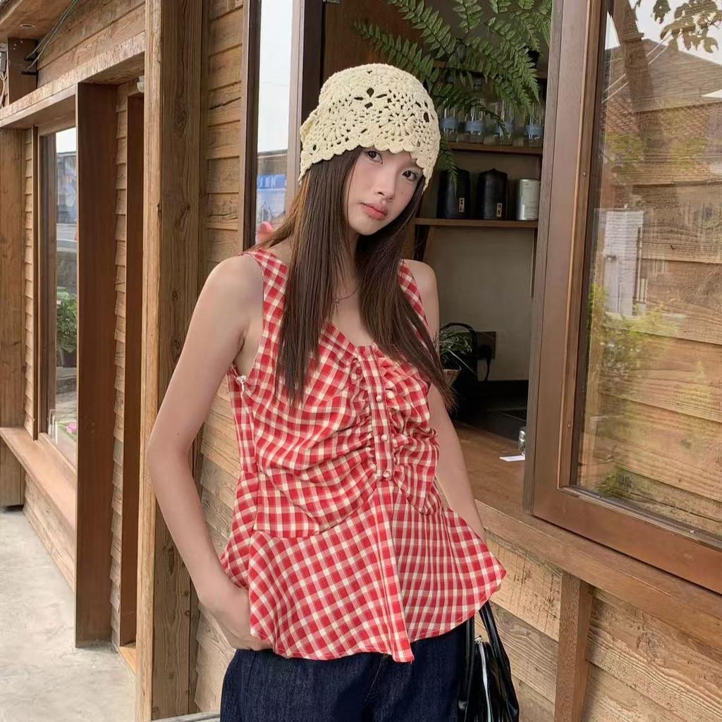 Gentle wind sleeveless V-neck red plaid suspender vest shirt women's summer waist thin versatile T-shirt top