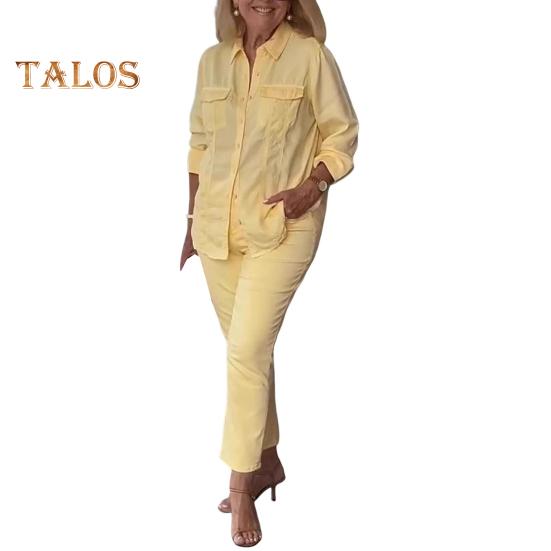 

Женский комплект из двух предметов: рубашка с длинными рукавами и лацканами, брюки-карандаш, повседневный комплект для отдыха на весну и лето XXXL жёлтый