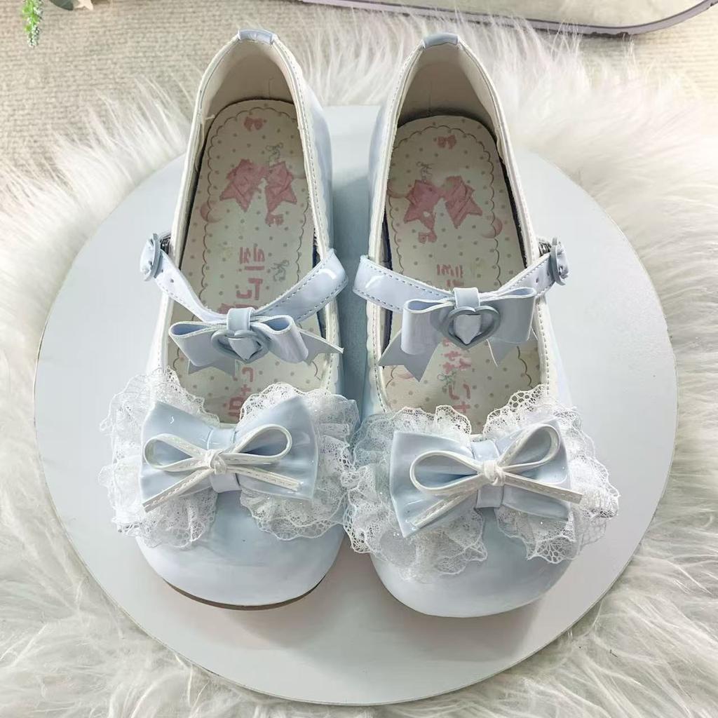 Lace Bow Knot Women's Mary Jane Shoes 2025 New Sweet Ballet Dance Shoes Buckle Strap Comfortable Princess Leather Shoes