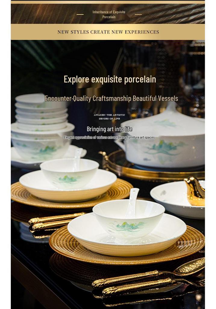 Tangshan Bone China Bowl Set: Rice, Soup, Noodle Bowls & Plates with Chopsticks - Perfect Housewarming Gift
