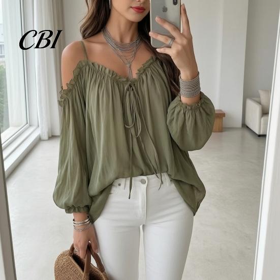 Top Comodi Taglio Ampio Top da Donna, Camicia a Maniche Lunghe Puff, Pullover Sling Senza Spalle Camicia Casual Leggera Blusa Monocolore per