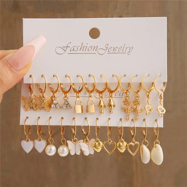 New Gold Color Big Circle Hoop Earring Set for Women Fashion Bohemia Vintage Pearl Earring Heart Zircon Ear Studs Jewelry Gifts