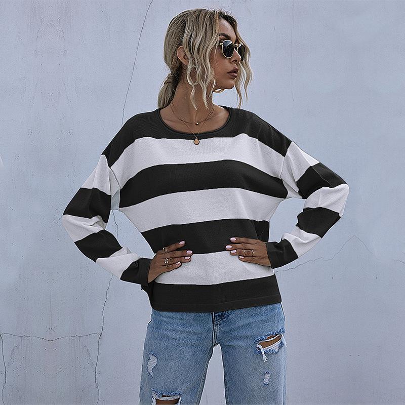 Women's Crew Neck Sweater, Striped, Long Sleeve