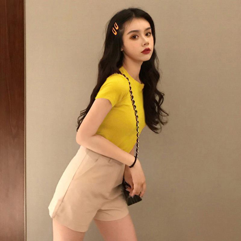 Solid Color Tee Fashion Sexy Short-sleeved Round Neck T Shirt Trendy Wild Bottoming Top For Women