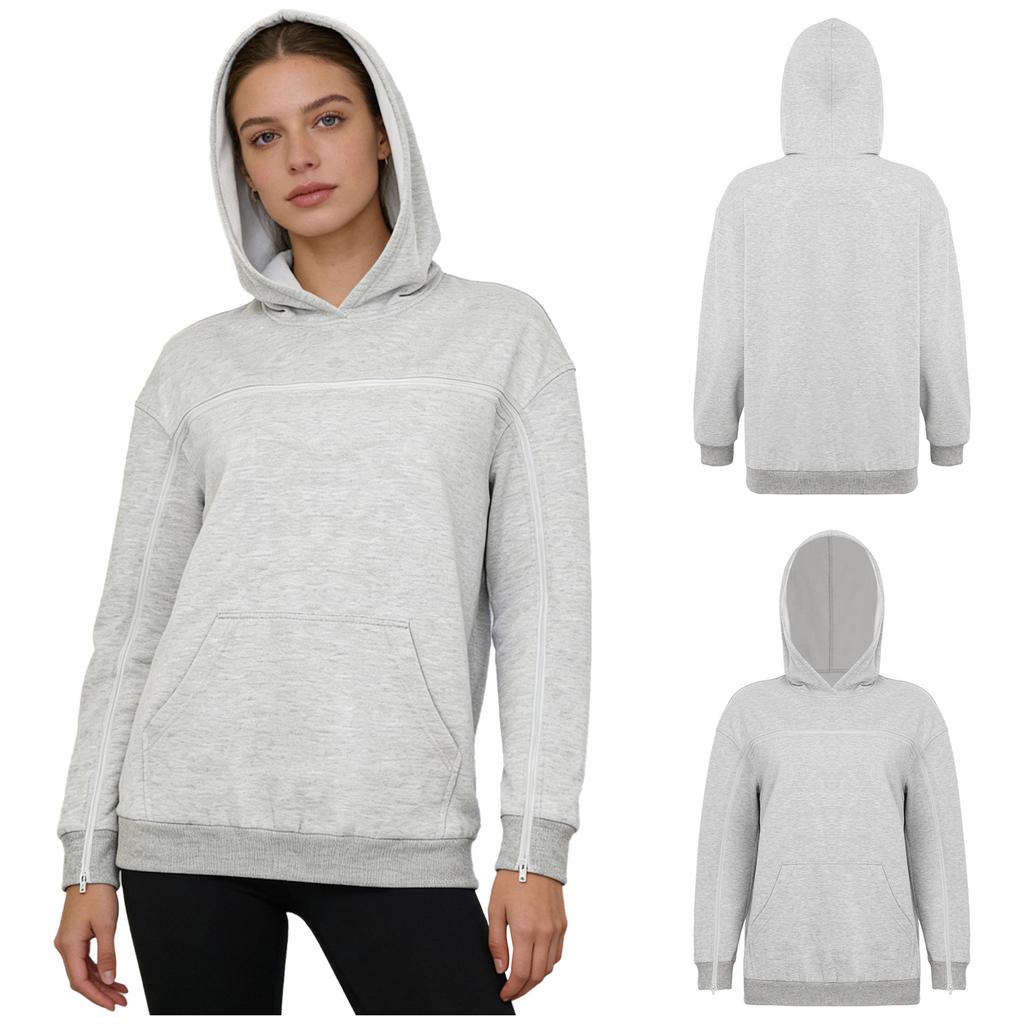 Women Fleece-Lined Adaptive Hoodie Full Arm Chest Access Long Sleeve Pullover Sweatshirt with Pocket for Dialysis Recovery