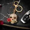 Rhinestone Skull Keychain Holding Rose for Halloween, Gothic Skeleton Head Key Ring, Chain Accessory Handbags Backpacks Zinc Alloy Ring