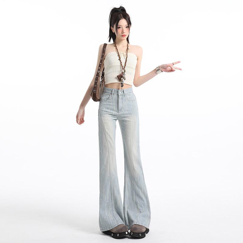 Light-colored design sense jacquard slightly pulled jeans women's summer new high-waisted loose and thin flared pants