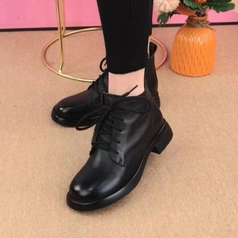 Round Head Soft Sole Martin Leather Boots Women's Cotton Boots Autumn and Winter New Velvet Warm Medium Flat Bottom Fashion Short Boots
