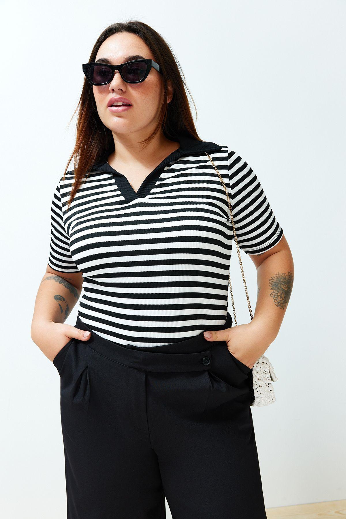 

Women s Plus Size Blouse Black-White Striped Corduroy Knitted Blouse 6XL