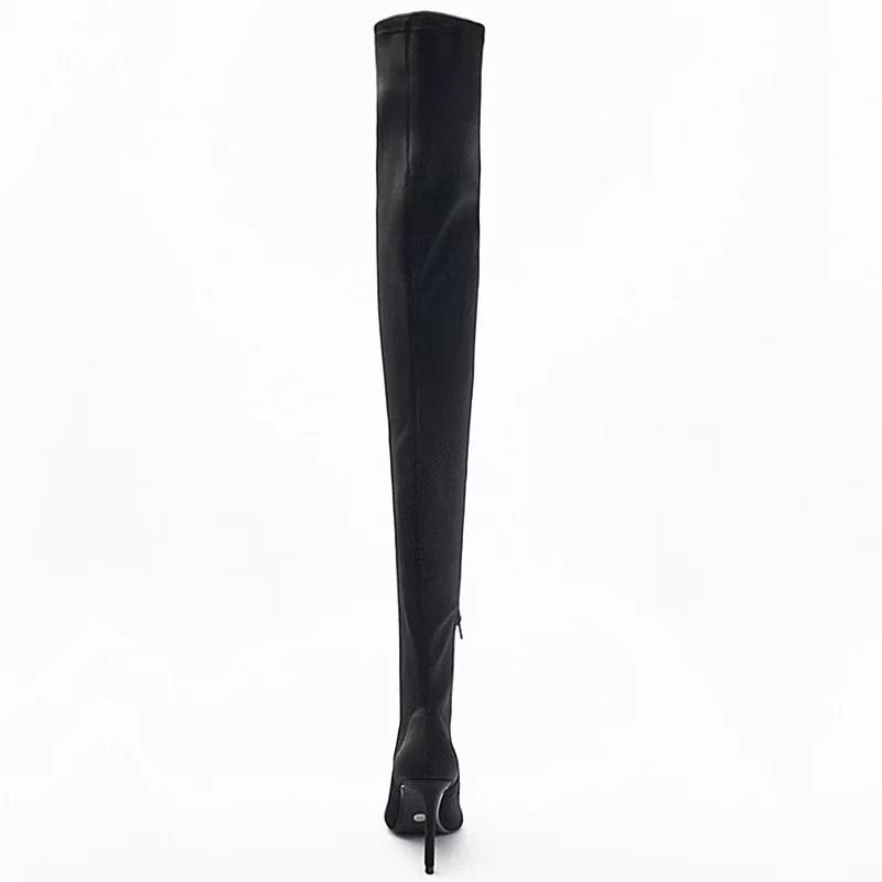 Botas de Moda Clásicas de Satén Elástico para Mujer Hasta el Muslo Otoño Invierno Elegantes Puntiagudas Tacón Alto Fino Tipo Calcetín Over the Knee Zapatos