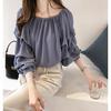 1116 New Korean Version of Temperament One-word Collar Off-the-shoulder Chiffon Shirt Women's Loose Bubble Top Thin Solid Color Bottoming Shirt