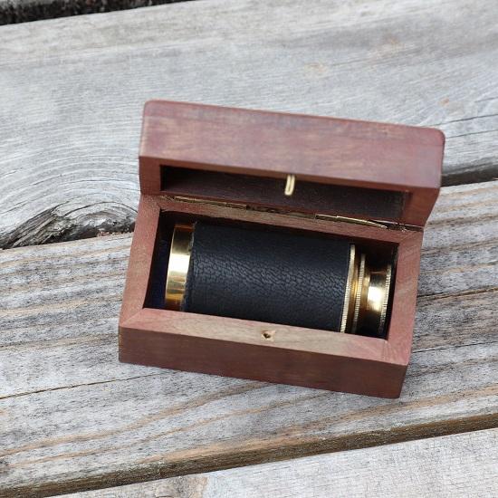 Set Sails Pirate Telescope - Miniature Pure Brass Nautical Collapsible Spyglass With Wooden Gift